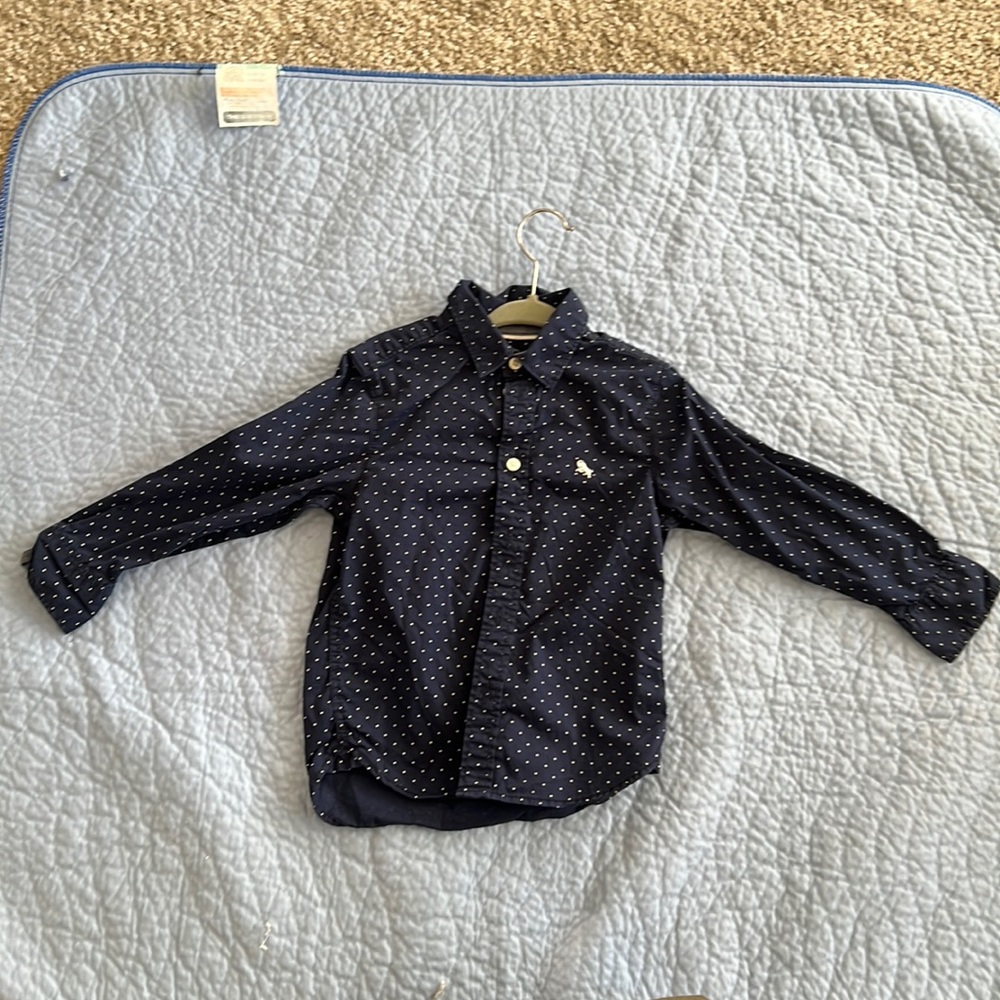Blue with white polka dots long sleeve button down dress shirt for toddler boys